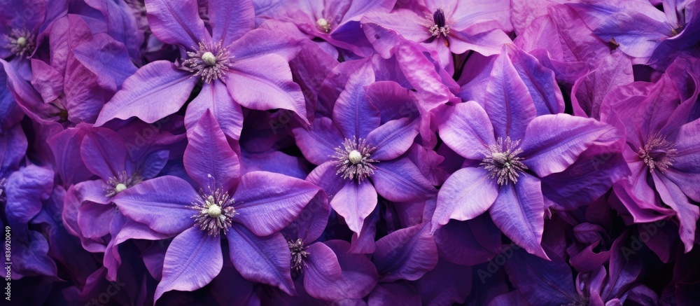 Poster close-up view of purple clematis flowers with textured abstract natural background, creating a beaut