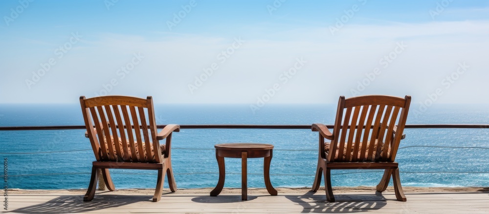 Poster A lovely set of chairs sit on the balcony overlooking the ocean, creating a tranquil spot with a serene view of the sea and copy space image.