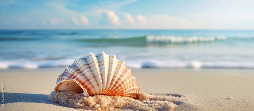 Poster beach landscape featuring a shell on the sand, perfect for background use in photography with copy s