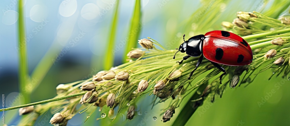 Poster A beetle in red and black colors is resting on a weed flower, creating a picturesque scene with plenty of copy space image.