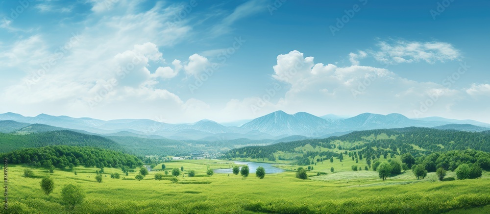 Poster scenic nature view with trees and landscape in a picturesque copy space image.