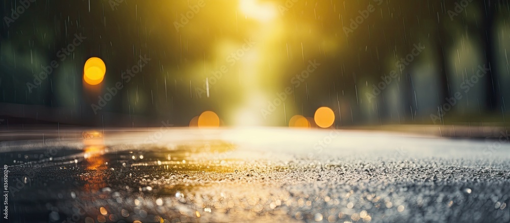 Poster Warm summer raindrops gently descending on the road, creating a serene atmosphere in the copy space image.
