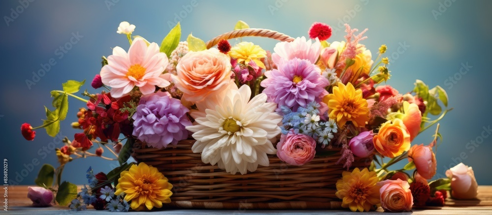 Poster an arrangement of assorted flowers in a basket, providing a charming and colorful copy space image.