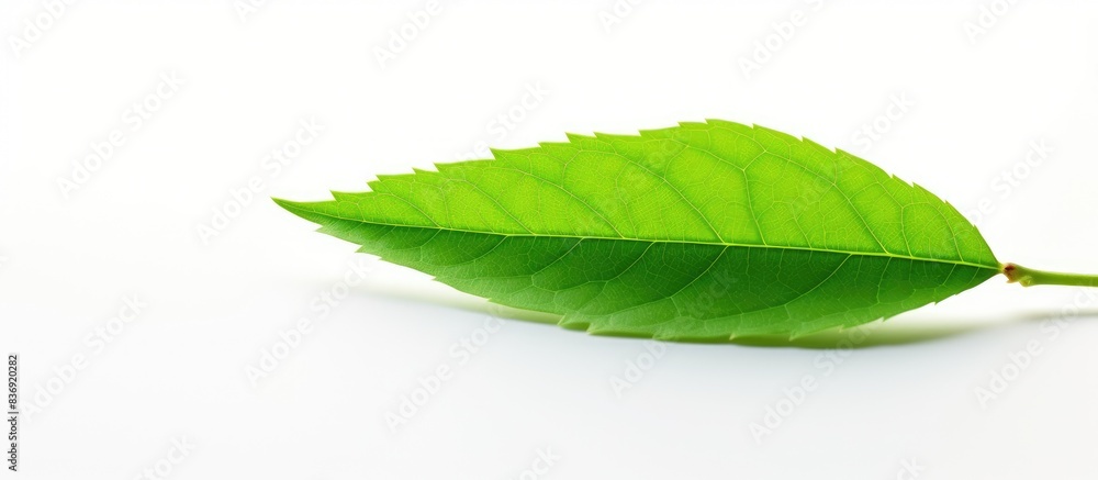Poster vivid green leaf on a blank white backdrop with ample copy space image.