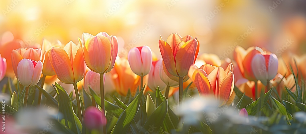 Poster tulip flowers in full bloom in a spring garden, illuminated by sunlight. background is blurred with 