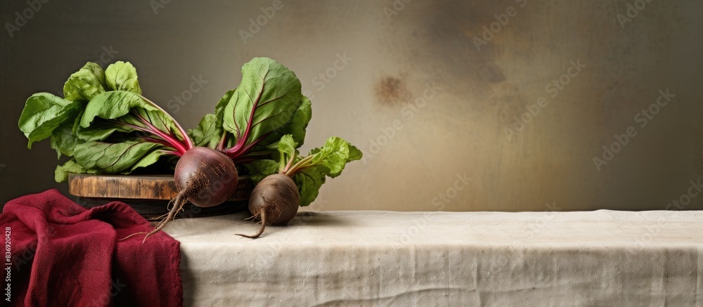 Poster A rustic table setting with beets, a tree branch, and a fabric backdrop for a copy space image.