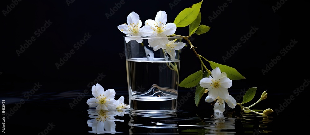 Poster white jasmine flowers floating in a misted glass of water with a cold drink on a black backdrop, ide