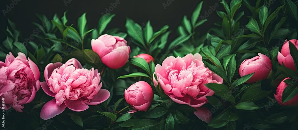 Aufkleber pink peonies displayed against a lush green leaf backdrop with copy space image.