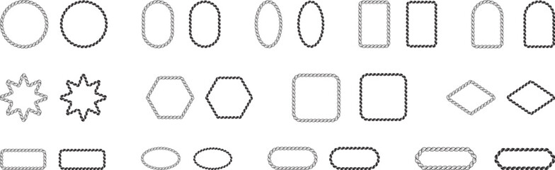 Set of Rope frames Borders of different geometric shapes. round, oval and square, hexagonal. Editable rope frame border isolated on white background.