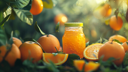 Orange jam in glass jar on table farm background