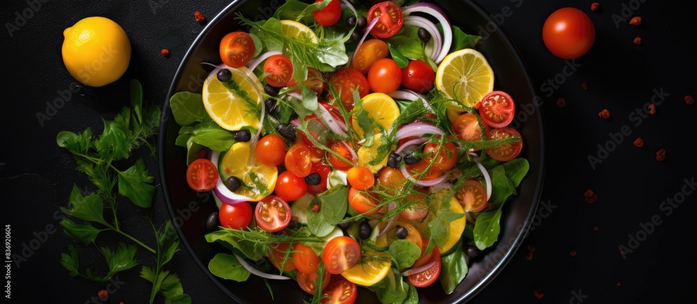 Poster top view of a light summer vegetable salad with tomatoes, greens, and fresh ingredients on a black b