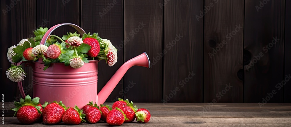 Poster a pink watering can with strawberries on a rustic wooden backdrop, with copy space image.
