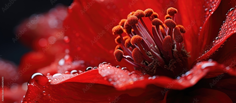 Poster close-up view of the stamen and crown of a lovely red flower with copy space image.