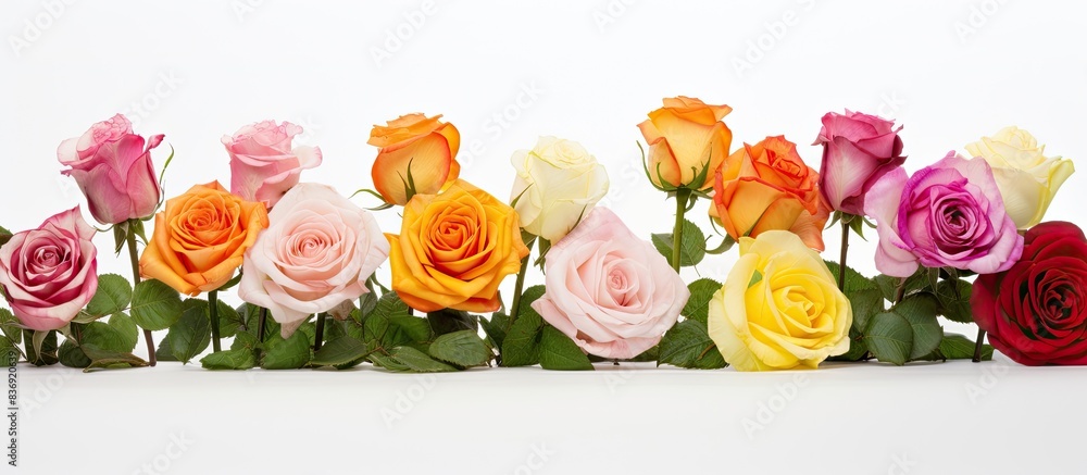 Leinwandbilder assortment of roses displayed individually on a white backdrop with copy space image available.