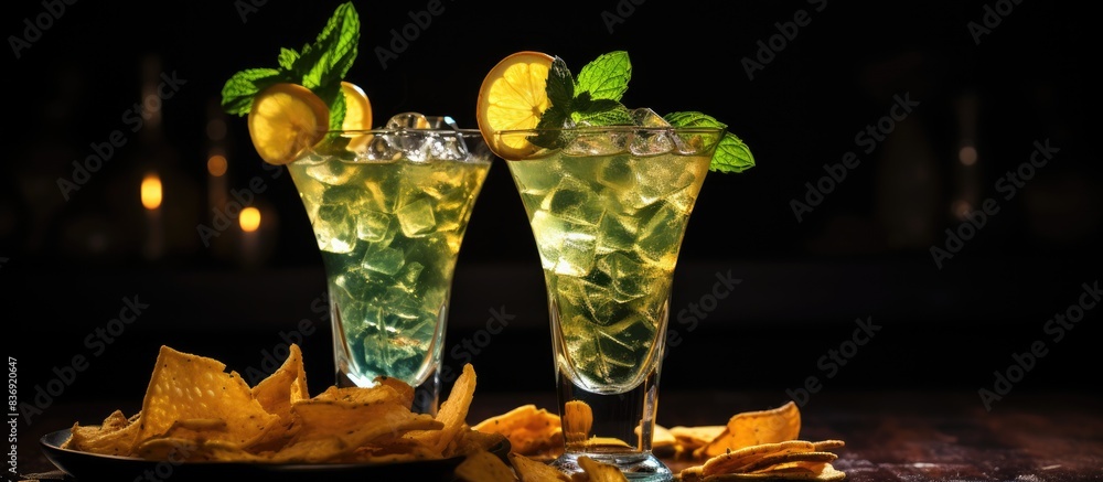 Poster refreshing cocktails garnished with mint leaves and served alongside crispy chips, perfectly arrange
