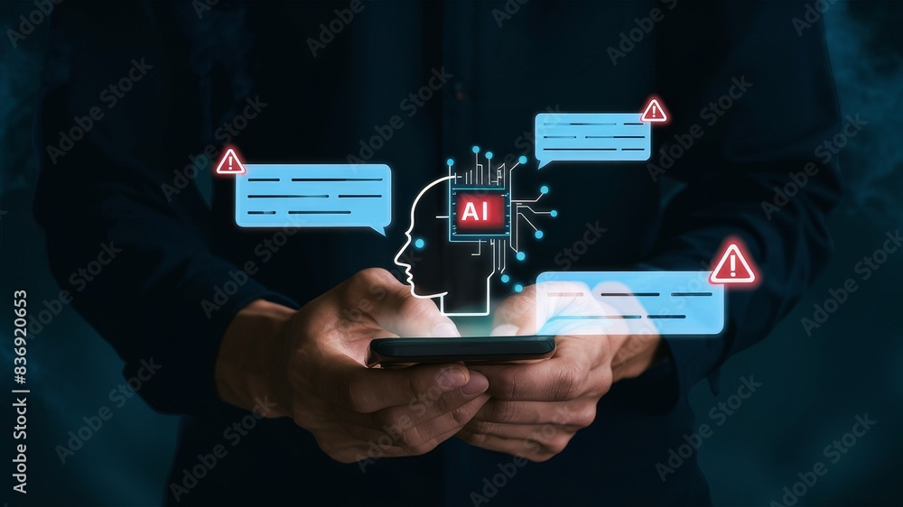 Poster overlaying the device are holographic representations of chat messages with warning symbols