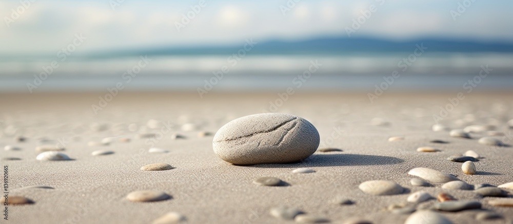 Poster A patterned stone on the beach stands out against a beautiful backdrop of smooth sand, providing a calming and tranquil copy space image.