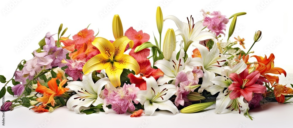 Poster a vibrant collection of lilies and garden blooms on a white backdrop, ideal for use as a copy space 