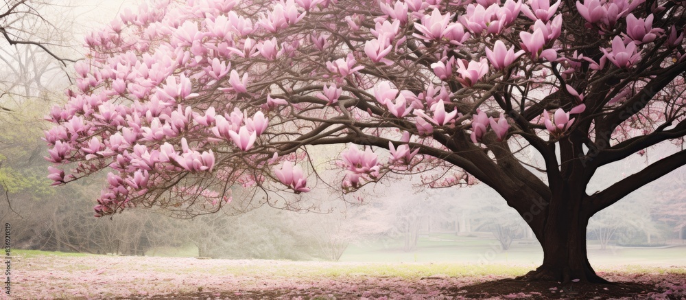 Aufkleber Spring has arrived with a blooming magnolia tree showcasing large pink flowers. Copy space image available.