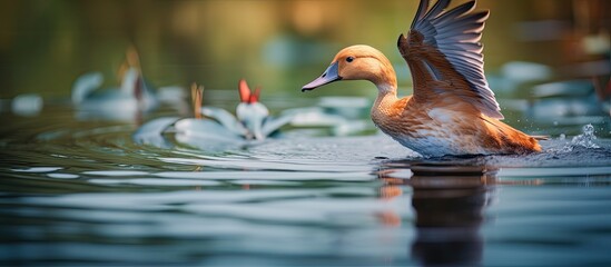 A Lesser Whistling Duck elegantly gliding through the water with a serene backdrop, providing a perfect copy space image.