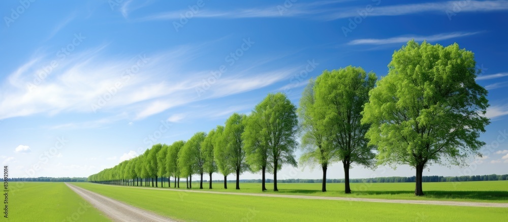 Poster Scenic view of a row of trees and road in a dense forest, set against the sky and meadows, creating a picturesque landscape with a copy space image.