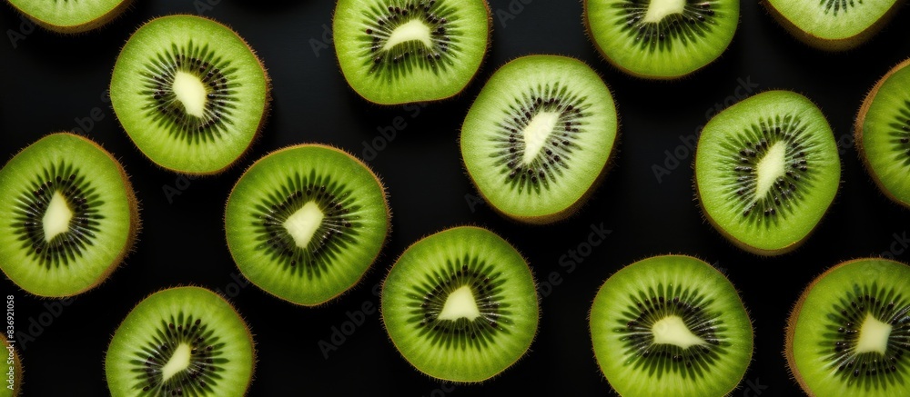 Poster Kiwi pattern with slices arranged in a top view on a black background, showcasing a minimal flat lay concept with copy space image.