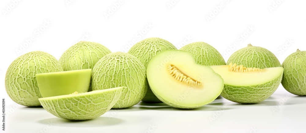 Poster fresh green and sliced cantaloupe melons on a white backdrop with copy space image.
