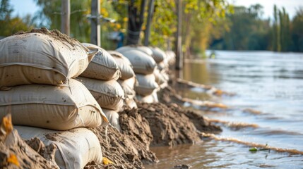 Sandbags Lined Up Along a Flooded Riverbank with Trees in the Background