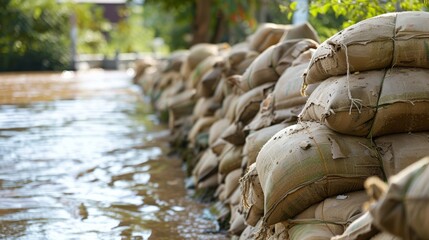 Sandbags Lined Up Along a Flooded Riverbank with Trees in the Background