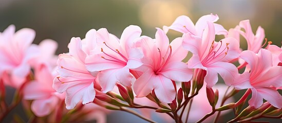 Obraz premium Beautiful pink Impala Lily, also known as Desert Rose or Mock Azalea, a natural flower in a garden setting with copy space image.