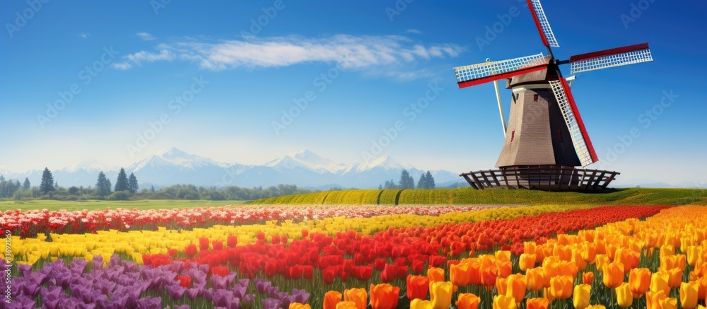 Poster Windmill overlooking a colorful tulip field, with a stunning backdrop perfect for a copy space image.