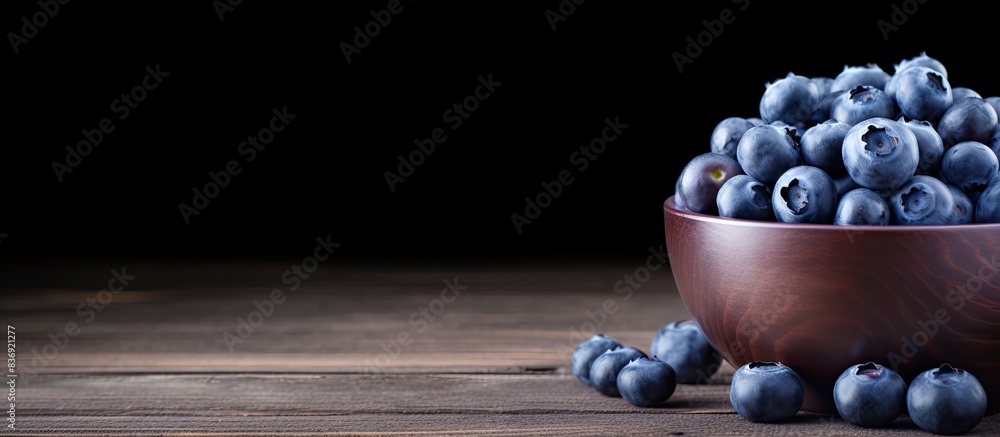 Poster close up image of fresh blueberries in a small bowl on a wooden table with copy space image.