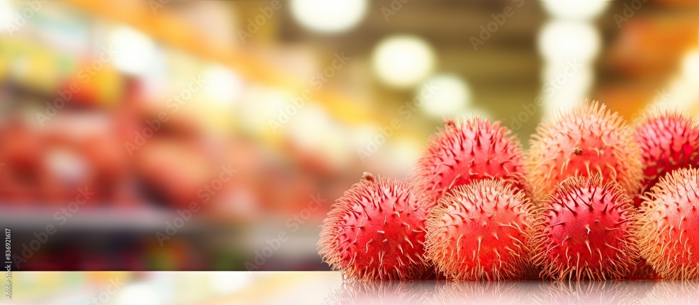 Poster supermarket background with rambutan fruit; includes copy space image.