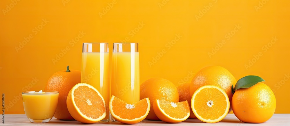 Poster fresh and delicious oranges and orange juice, displayed in a vibrant copy space image.