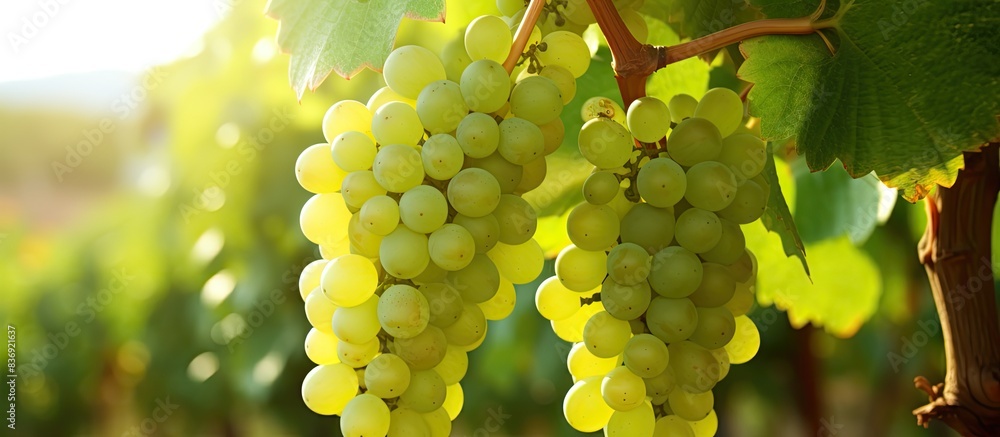 Aufkleber green grape bunches in a vineyard, ripe for harvesting, with a clear area available for adding text 