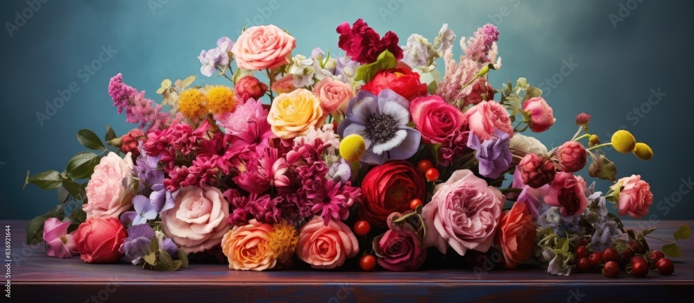 Poster florist's vibrant mixed flower bouquet displayed in a box on a table, perfect as a beautiful copy sp