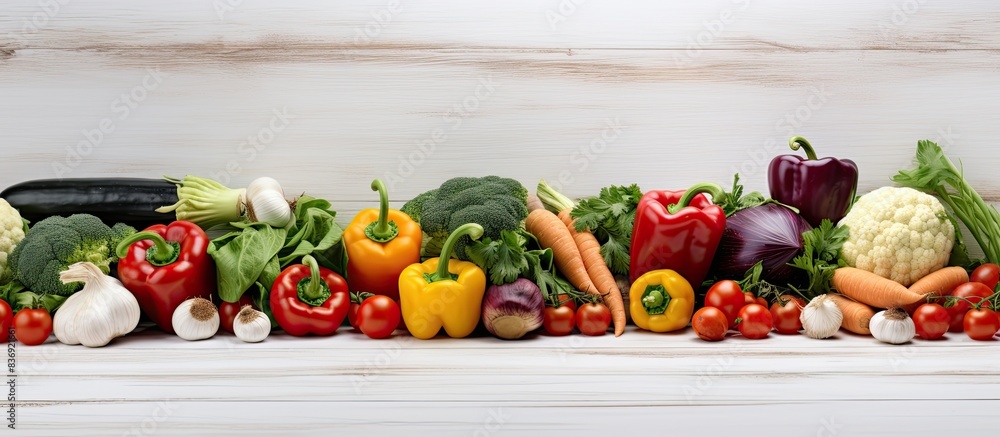 Poster fresh vegetables arranged on a white wooden surface with available copy space image.
