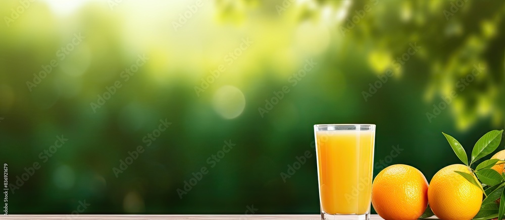 Aufkleber a glass filled with orange juice stands on a table against a lush green backdrop with copy space ima