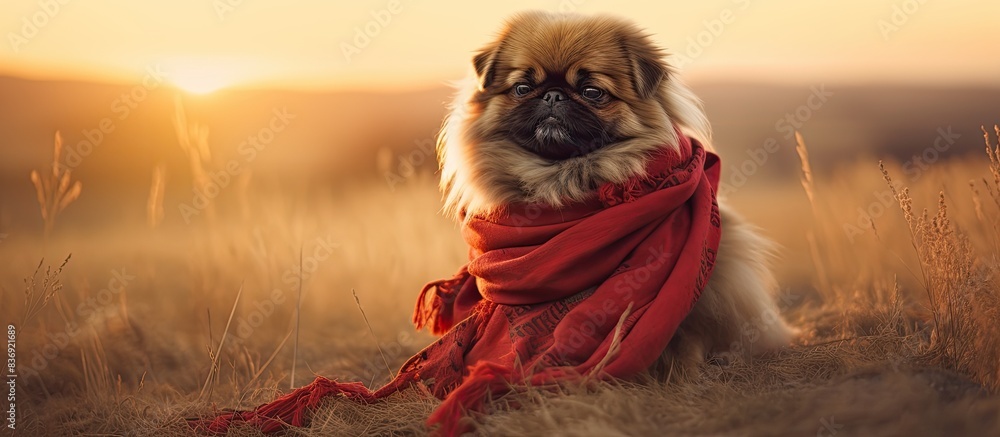 Poster a stylish pekingese dog with a red light coat and copy space image of a silk scarf is sitting in a f