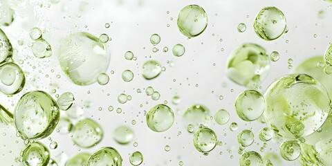 background green spheres of oil floating in the air, oil bubbles against a white background