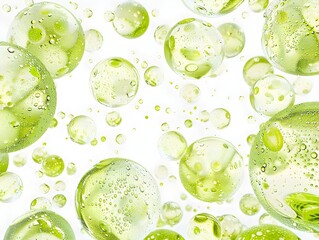 background green spheres of oil floating in the air, oil bubbles against a white background