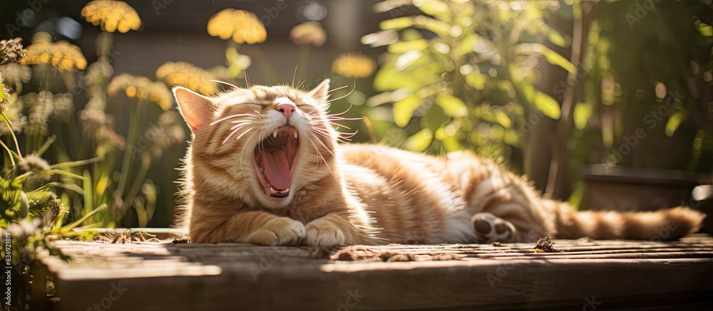 Poster A ginger cat with amusing expression, yawning in a garden setting, ideal for a copy space image.