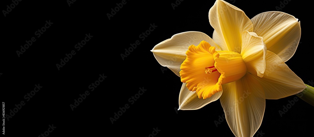 Poster close-up photo of daffodil with copy space image on black background.
