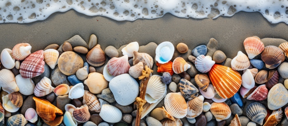 Poster Assorted seashells and rocks scattered along the shore with a copy space image in view.