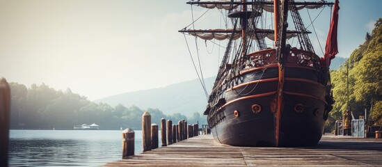 Close-up view of a pirate ship docked at a wooden pier, representing safety and security with copy space image.