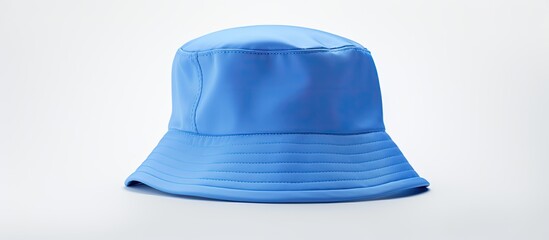 Fototapeta premium Blue bucket hat displayed with a white background for a clean copy space image.