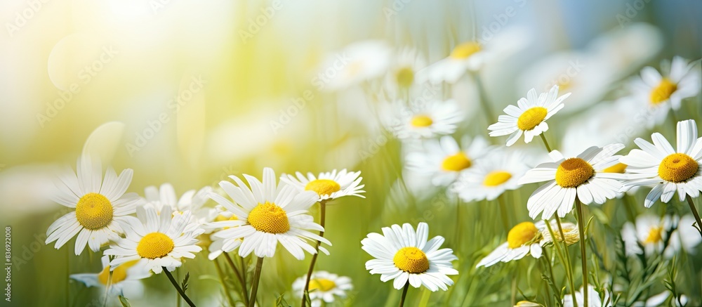 Poster Close-up of chamomile flowers blooming in the garden with a clear view of the medicinal properties, creating a serene atmosphere in the image with copy space.