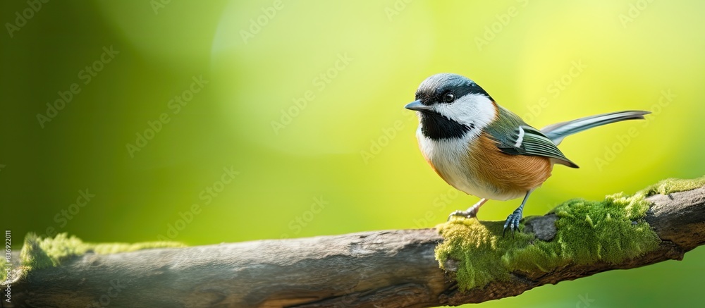 Poster black-throated bushtit perched on a branch with green background in a summer setting, with copy spac
