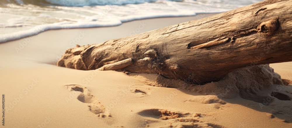 Poster a weathered wooden beam embedded in the sandy beach, providing a rustic contrast to the natural surr