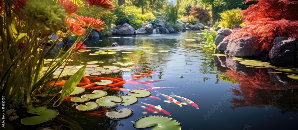Poster decorative landscape design featuring koi fish in a garden pond with a serene atmosphere and ample c